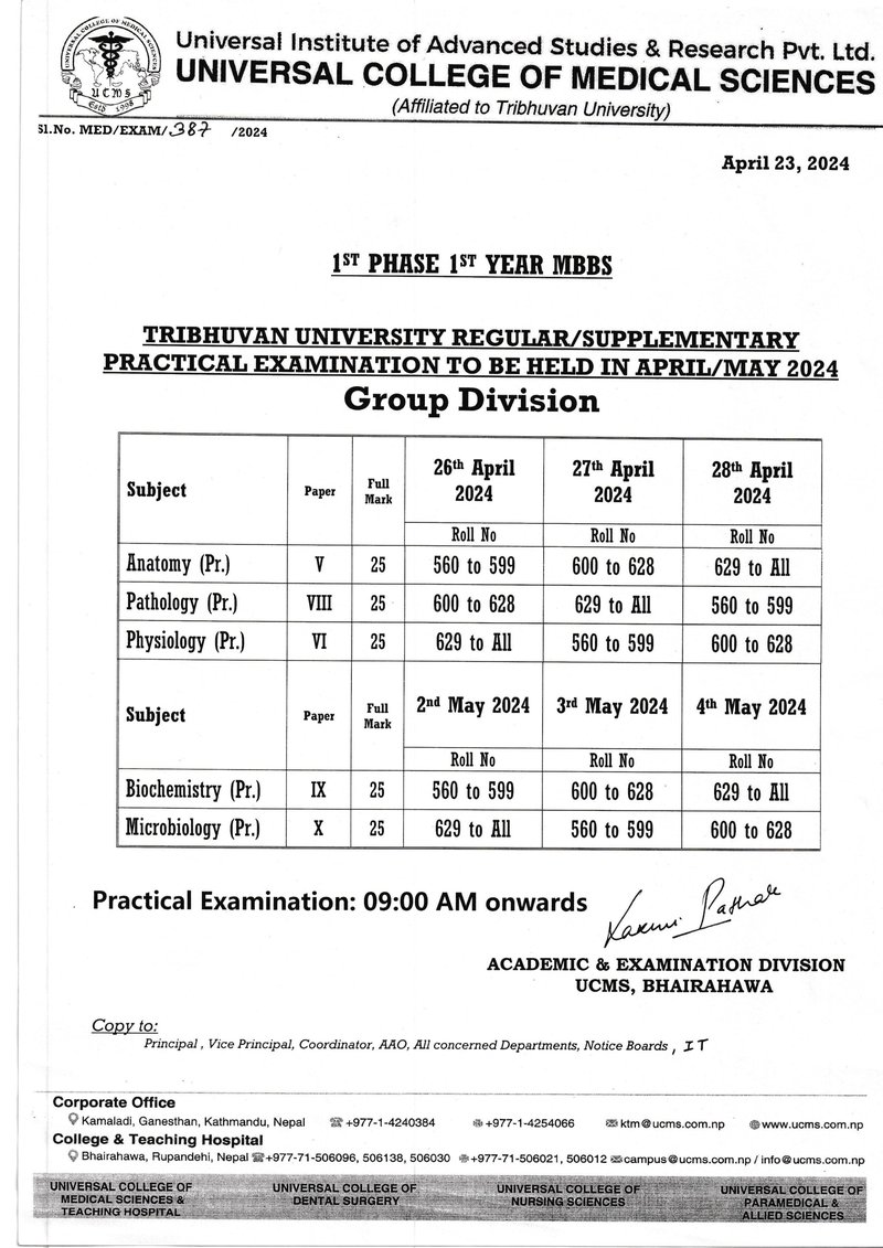 TU Regular And Supplementary Practical Exam (1st Year 1st Phase MBBS)